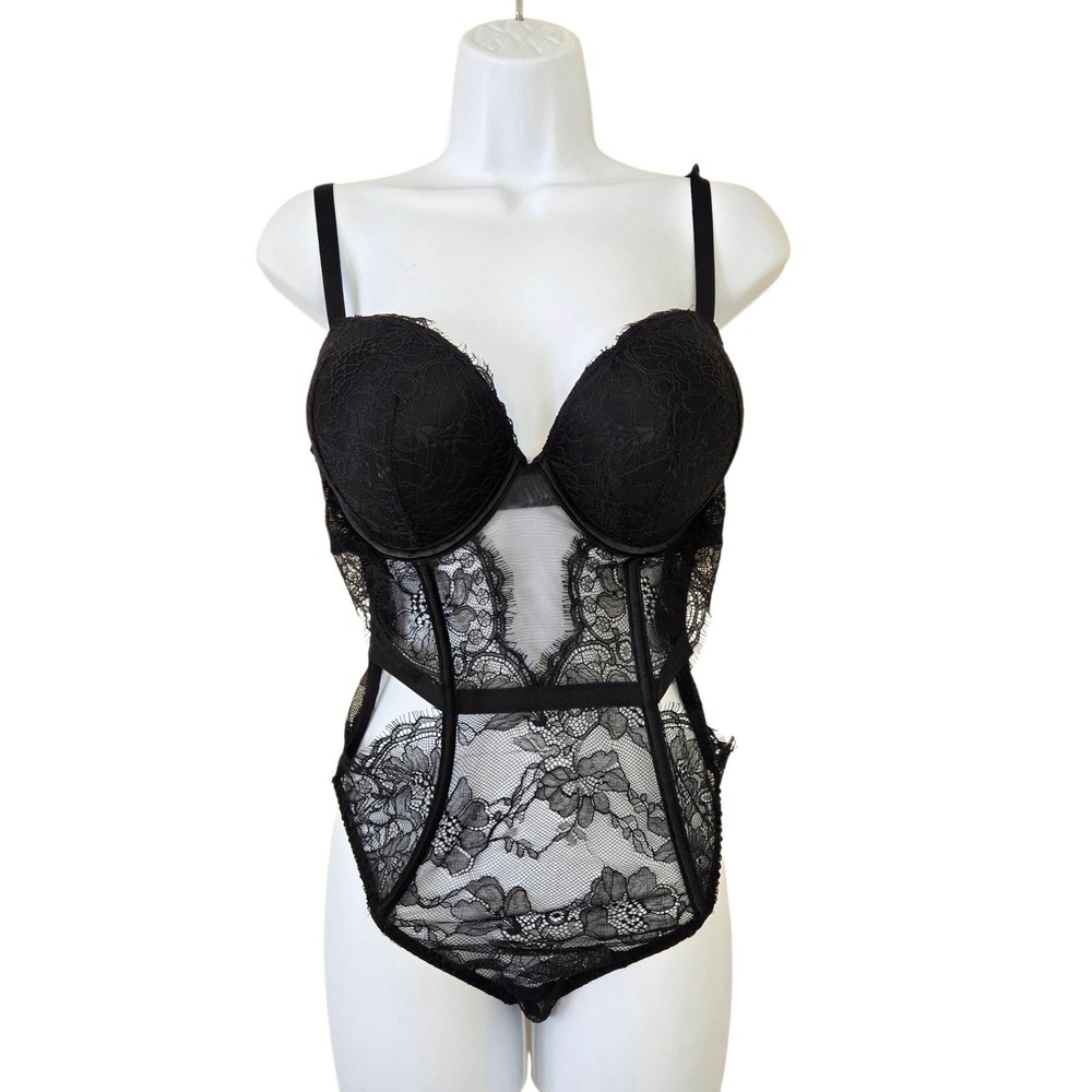 Victoria's Secret Bombshell Lace Teddy Push Up Adds 2 Cups Black XL NWT